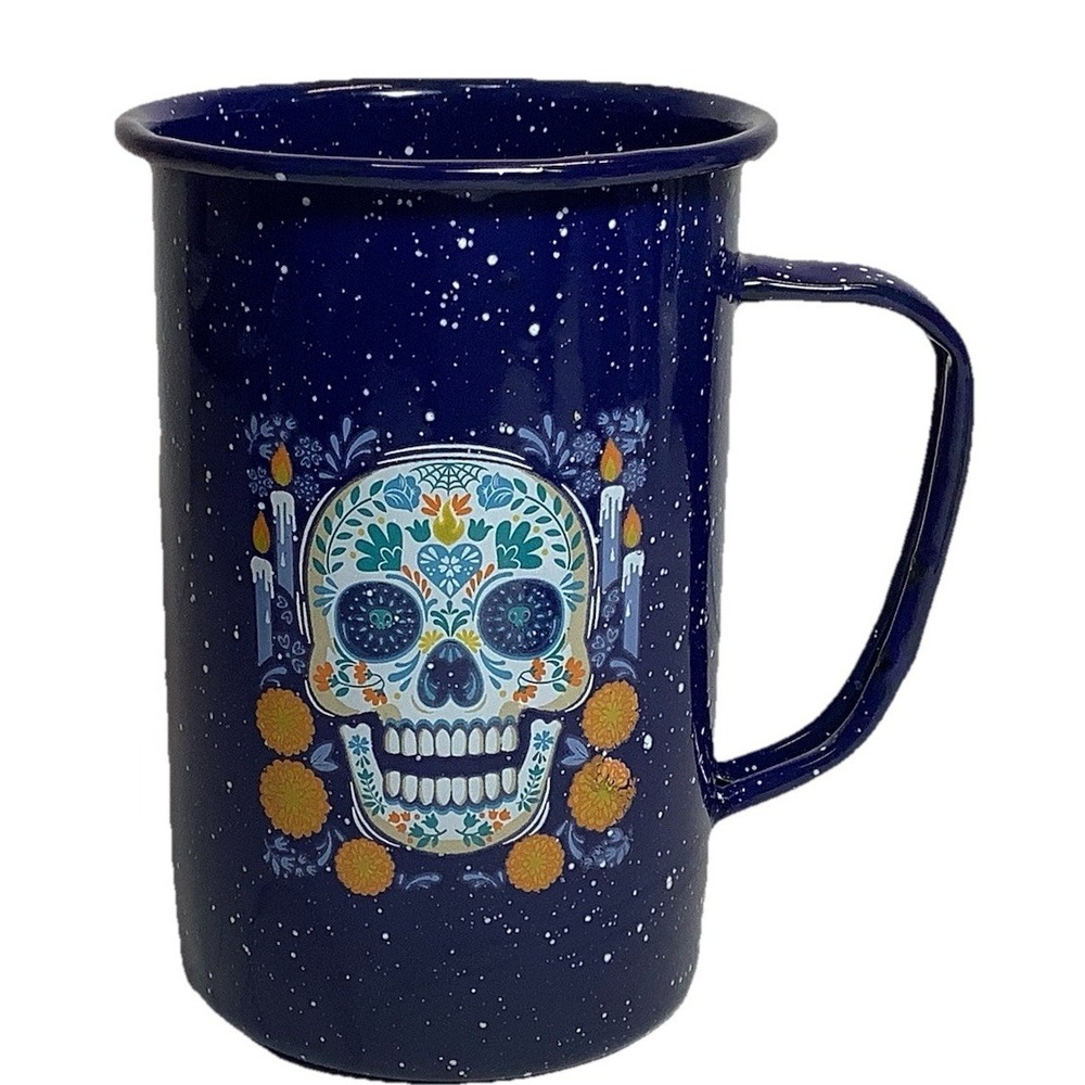 Dia De Los Muertos All Souls Day Blue Speckled Enamel - Coffee Soup Cup 5"x 3.5" - Picture 2 of 3